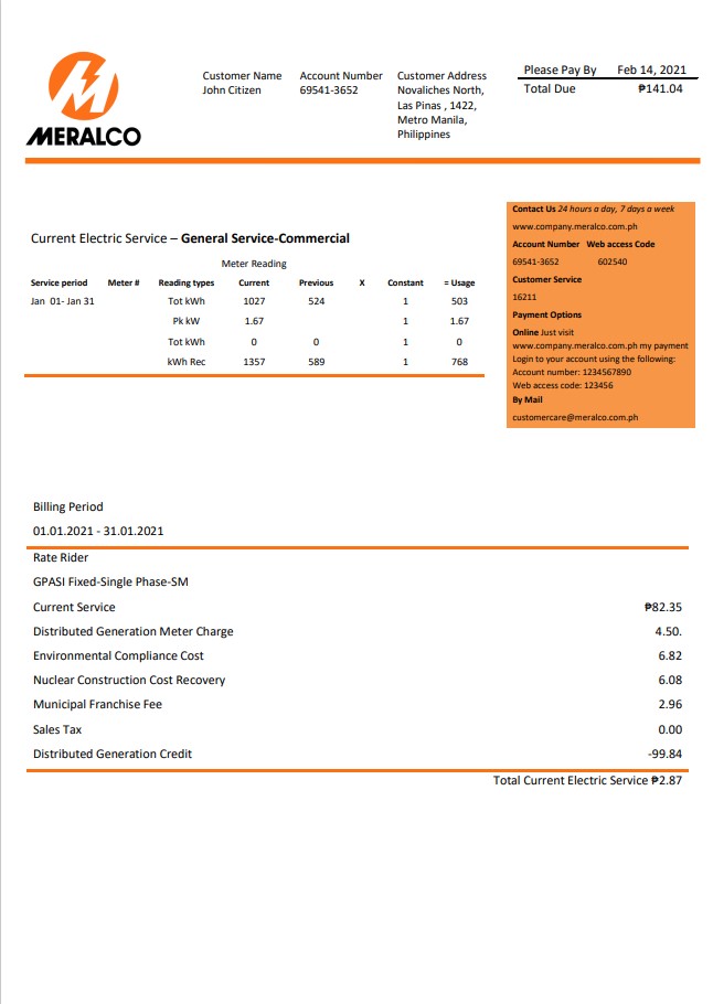 Philippines Manila Electric Company (Meralco) electricity utility bill Word and PDF template